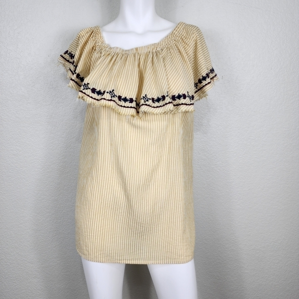 Easel Yellow Stripe Tribal Embroidered Collar Top Size M